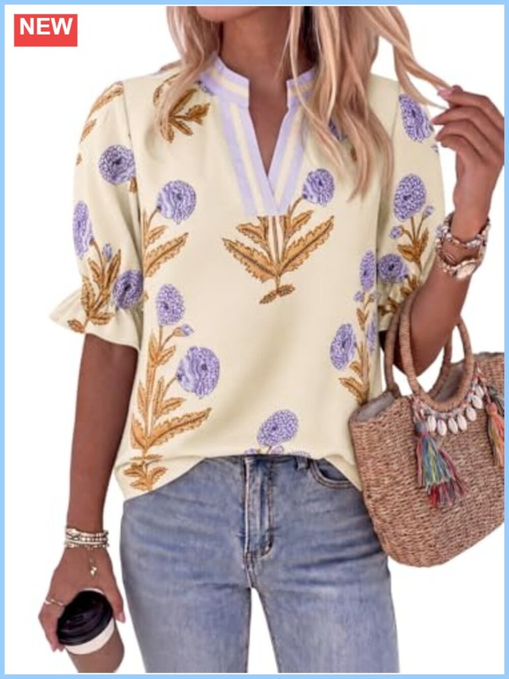 Womens Floral Blouse Puff Ruffle Sleeve V Neck Boho Top
